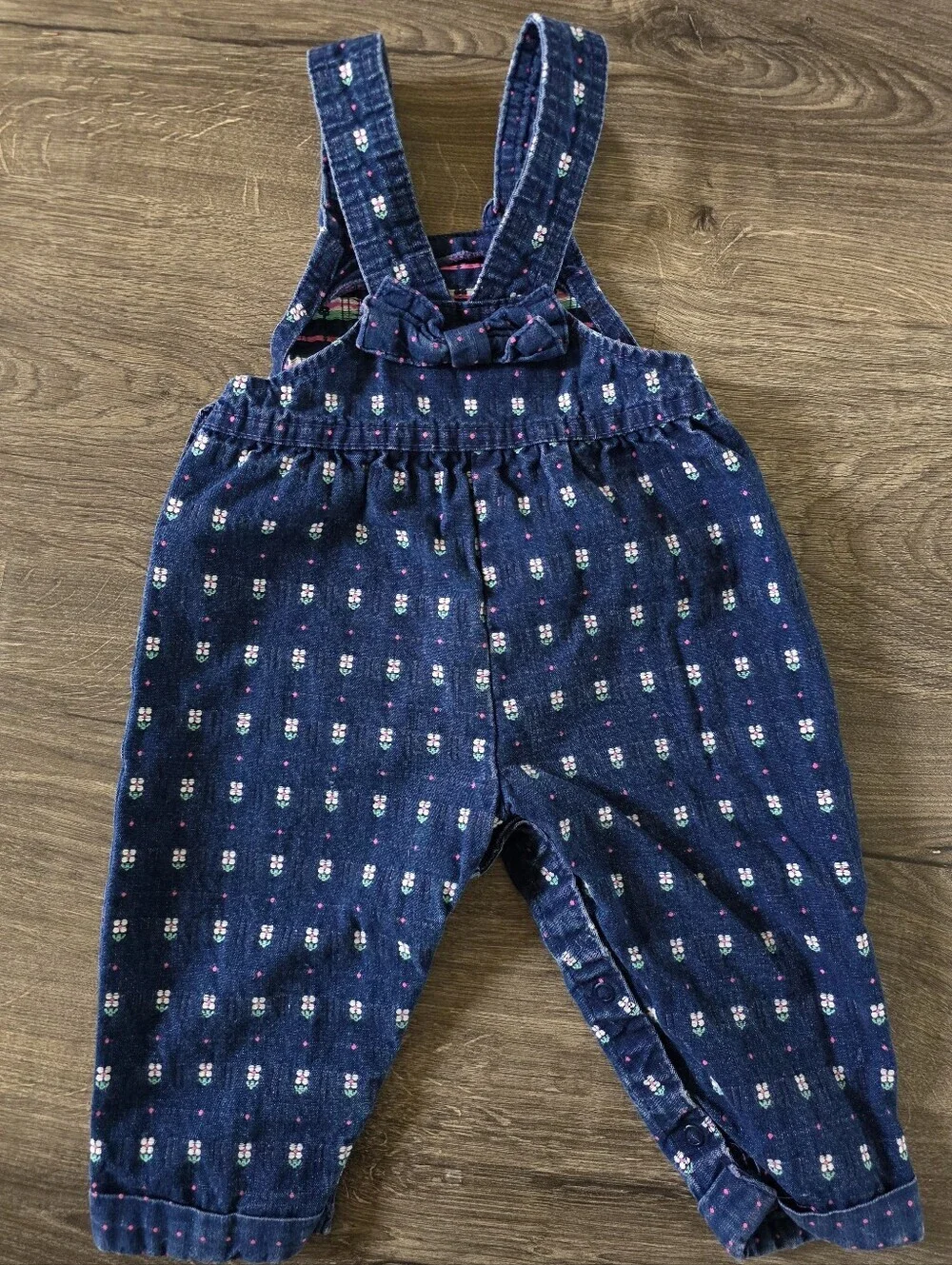 VTG Osh Kosh B'gosh Blue And Pink Floral Dot-Pattern Bow Denim Overalls
